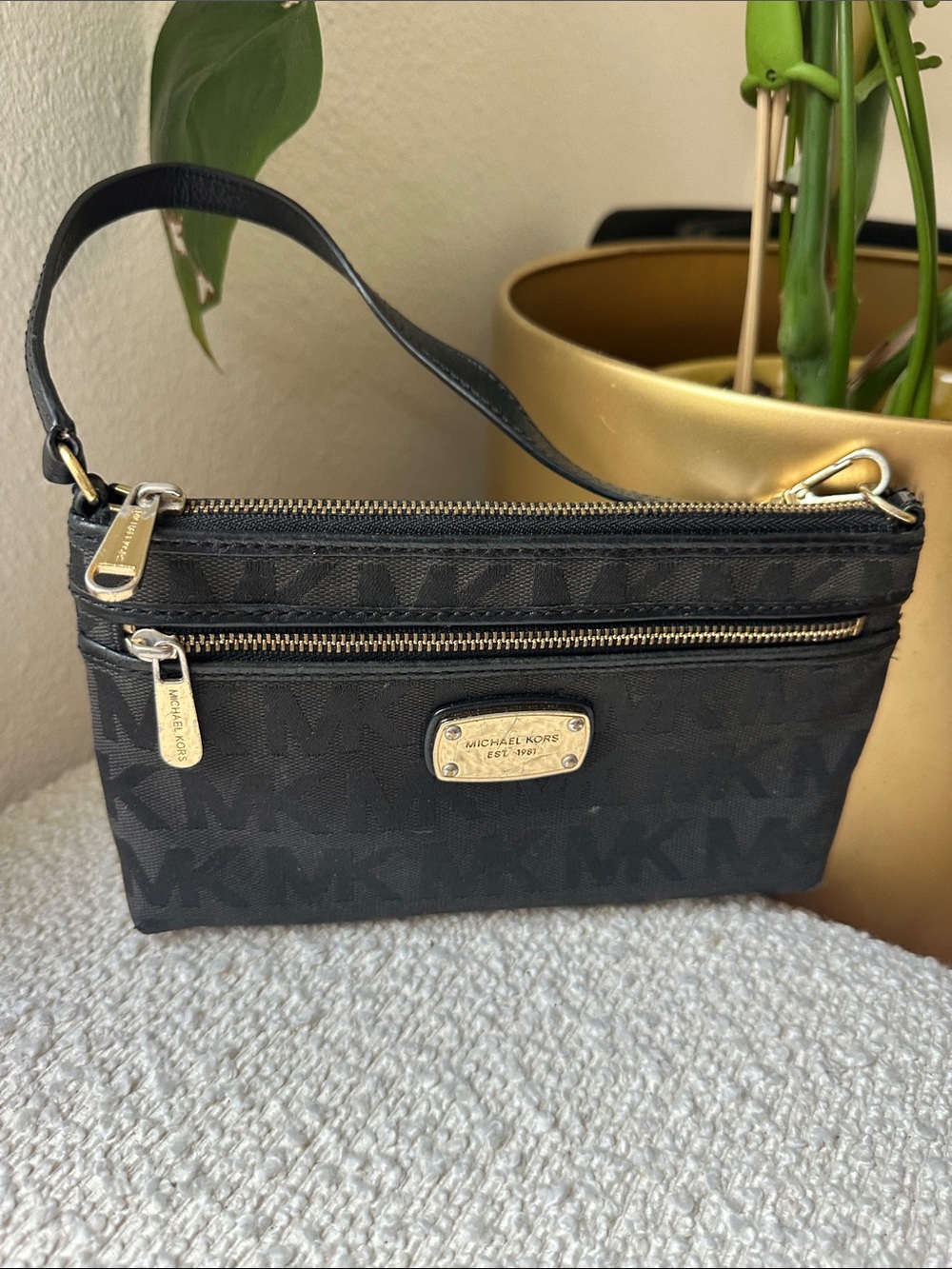 Michael Kors Black MK Logo Wristlet with Gold Hardware